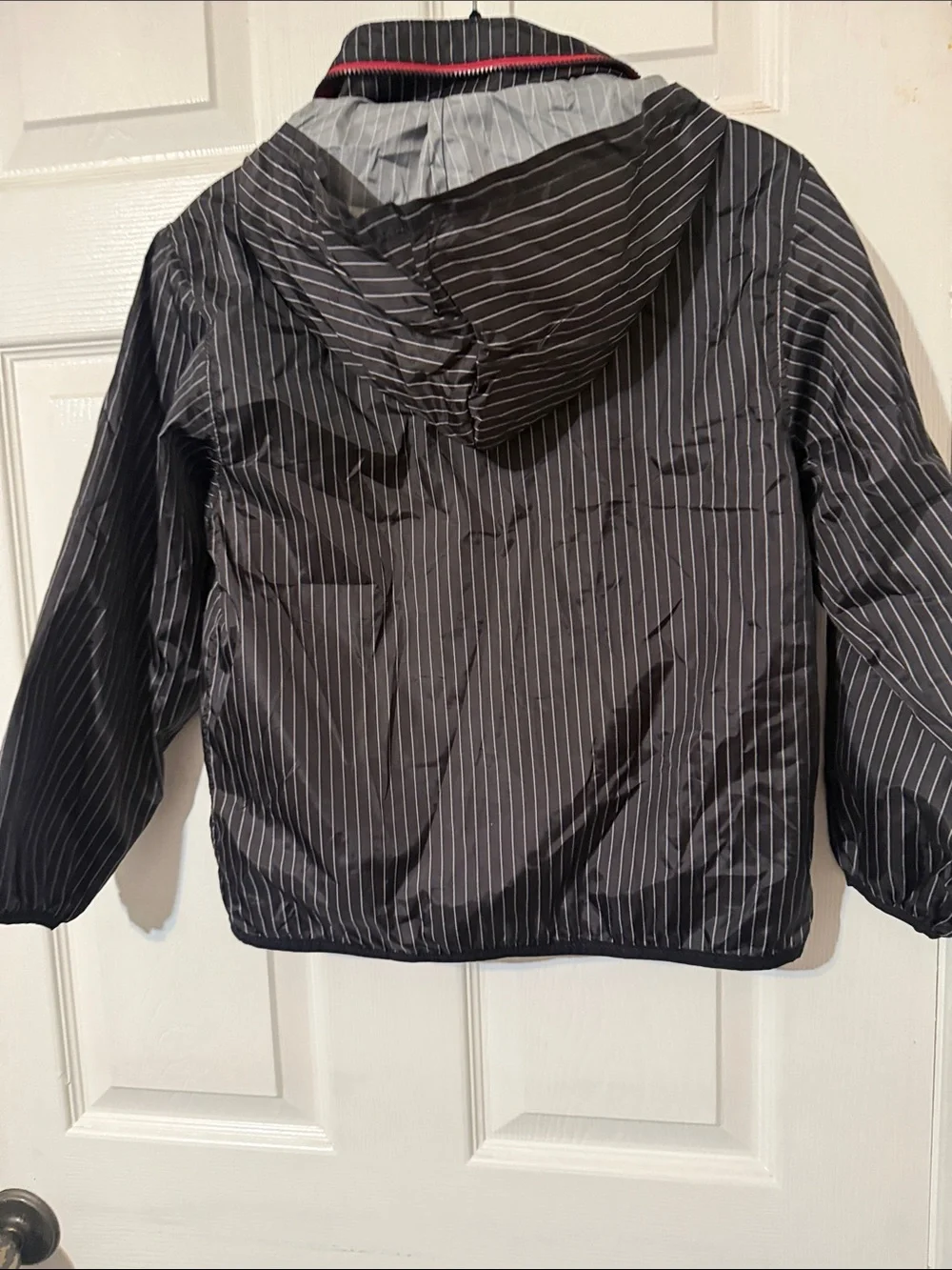 Old Navy Black Pinstripe Kid's Rain Jacket with Red Accents